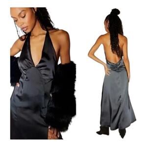 Free People Black Dance Till Dawn Satin Halter Slip Dress Small NWT